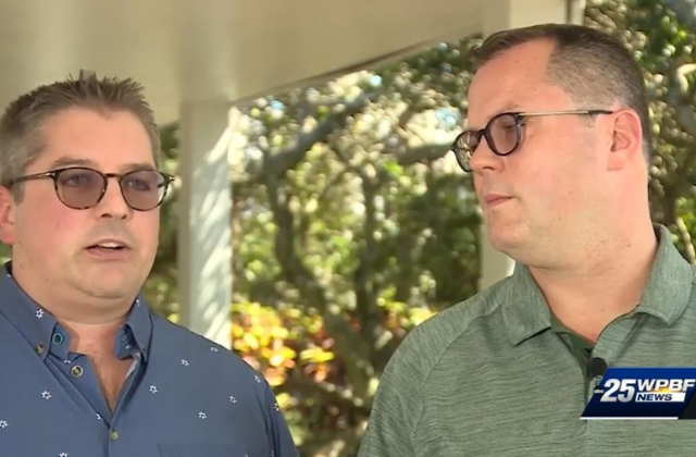Michael Roedel, left, and his husband Michael Hoffacker were denied a Pride onesie at at West Palm Beach Target store. Screenshot from WPBF.