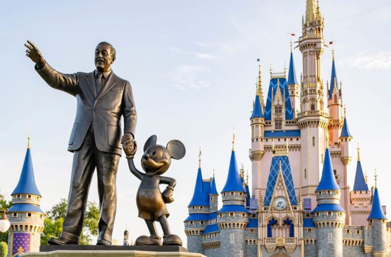 Partners is a 1993 copper statue by Blaine Gibson depicting Walt Disney holding the hand of the most popular character he created, Mickey Mouse. (Photo courtesy of the Walt Disney Company)