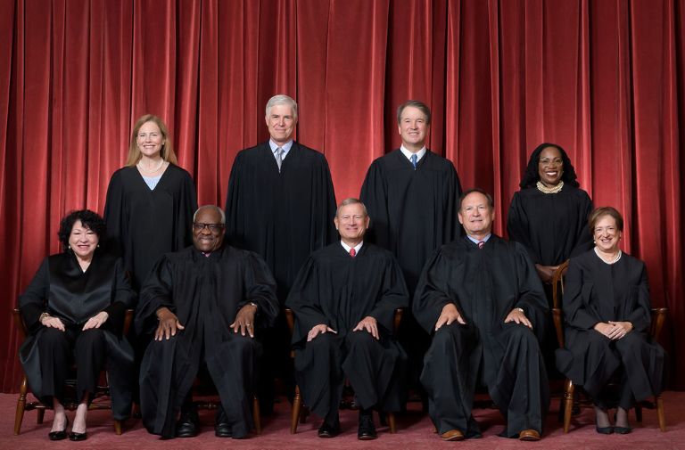 The U.S. Supreme Court as composed June 30, 2022, to present. Front row, left to right: Associate Justice Sonia Sotomayor, Associate Justice Clarence Thomas, Chief Justice John G. Roberts, Jr., Associate Justice Samuel A. Alito, Jr., and Associate Justice Elena Kagan. Back row, left to right: Associate Justice Amy Coney Barrett, Associate Justice Neil M. Gorsuch, Associate Justice Brett M. Kavanaugh, and Associate Justice Ketanji Brown Jackson. (Photo Credit: Fred Schilling, the U.S. Supreme Court)