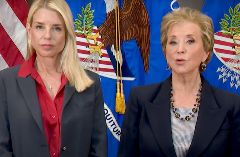Attorney General Pam Bondi and Education Secretary Linda McMahon (Screen capture via The Justice Department/YouTube)