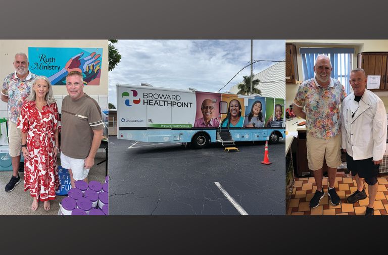 (Left) Joe Aiken, Marketing/Public Relations Director of United Church of Christ, Pastor Emily Jazombek, Director of Ruth Ministry, and Bill Byrd, Chairman of the Board UCC. (Middle) Broward Healthpoint: Mobile Unit. (Right) UCC Chef George Farrell and Joe Aiken.
