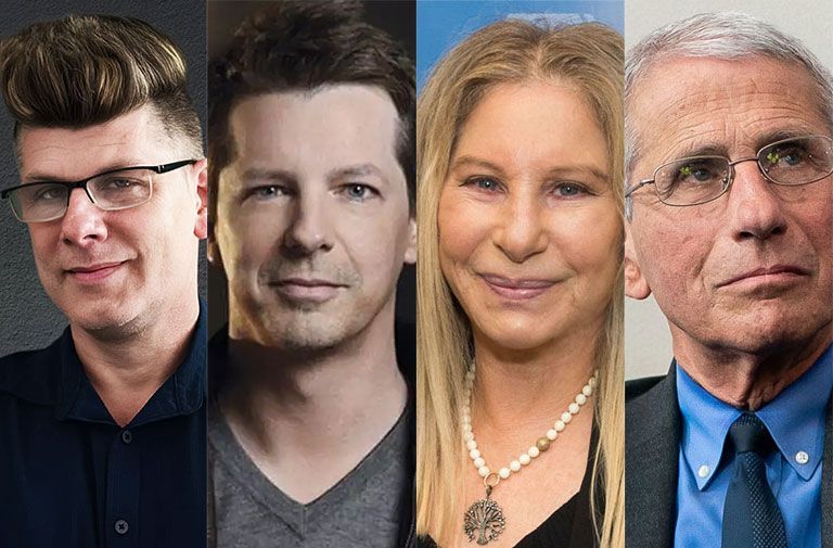 Jason Parsley, courtesy photo; Sean Hayes, photo by Hazy Mills; Barbra Streisand, public domain photo; and Dr. Rick KarlinAnthony Fauci, public domain photo.