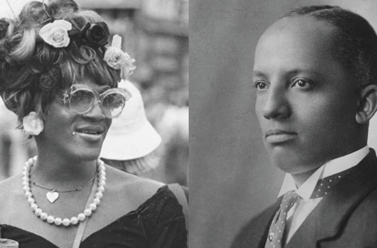 Marsha P. Johnson and Dr. Carter G. Woodson. Public domain photos, via Wikimedia Commons.