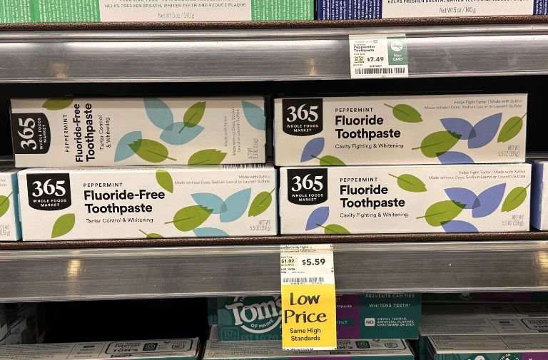 Retailers like Whole Foods now offer Fluoride-Free and Fluoride toothpaste. Photo by John McDonald.